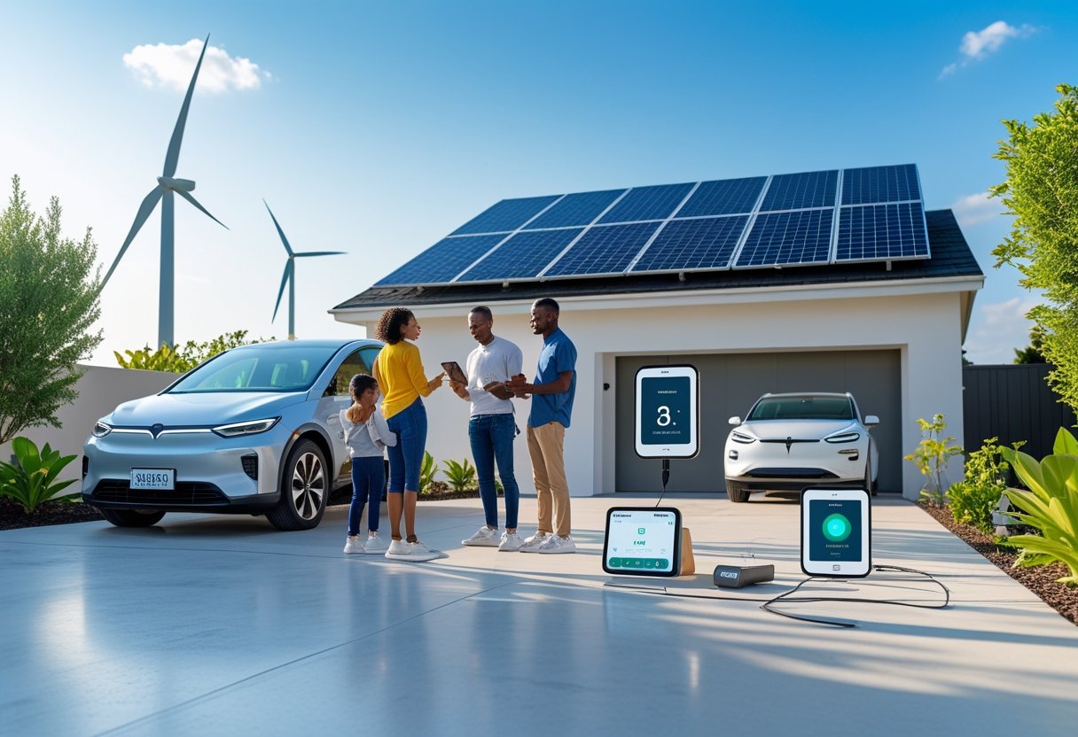 A modern home with solar panels, an electric car charging, and a family using smart devices powered by renewable energy outdoors.