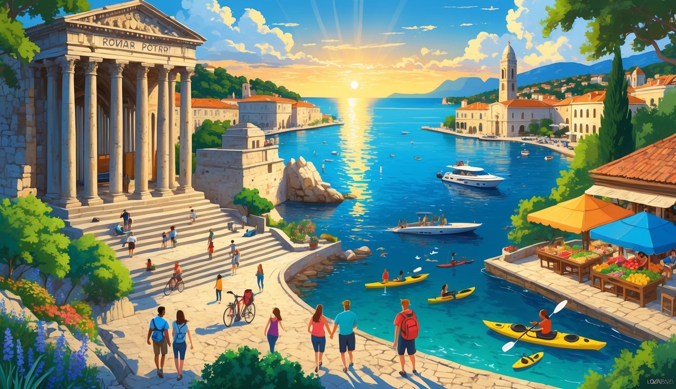 A scenic view of Zadar showing people enjoying various activities like exploring ruins, listening to the Sea Organ, dining outdoors, cycling, boating, visiting markets, and watching the sunset by the sea.