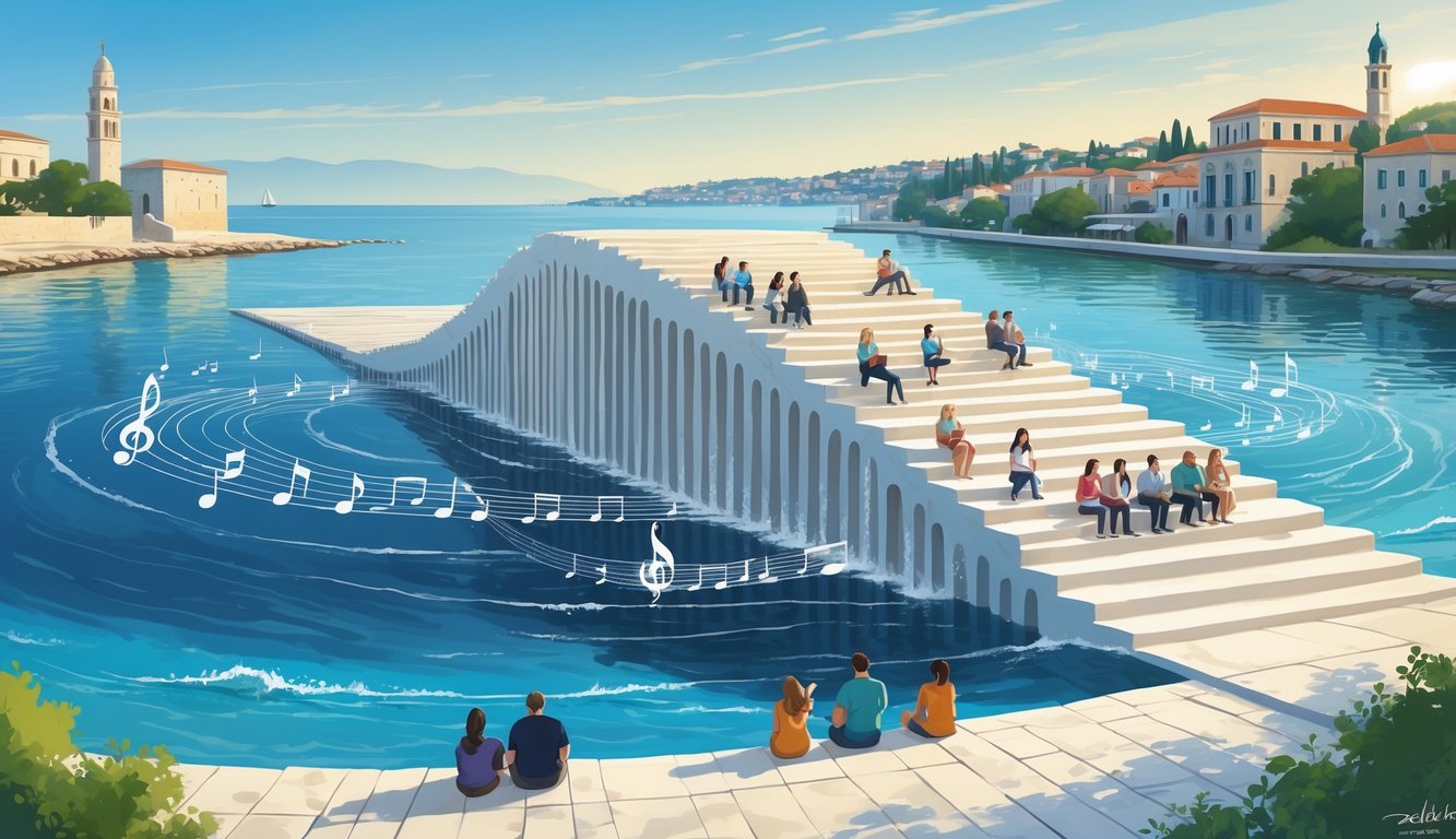 People sitting and standing on marble steps by the sea organ in Zadar, with waves gently flowing and musical notes rising from the water.