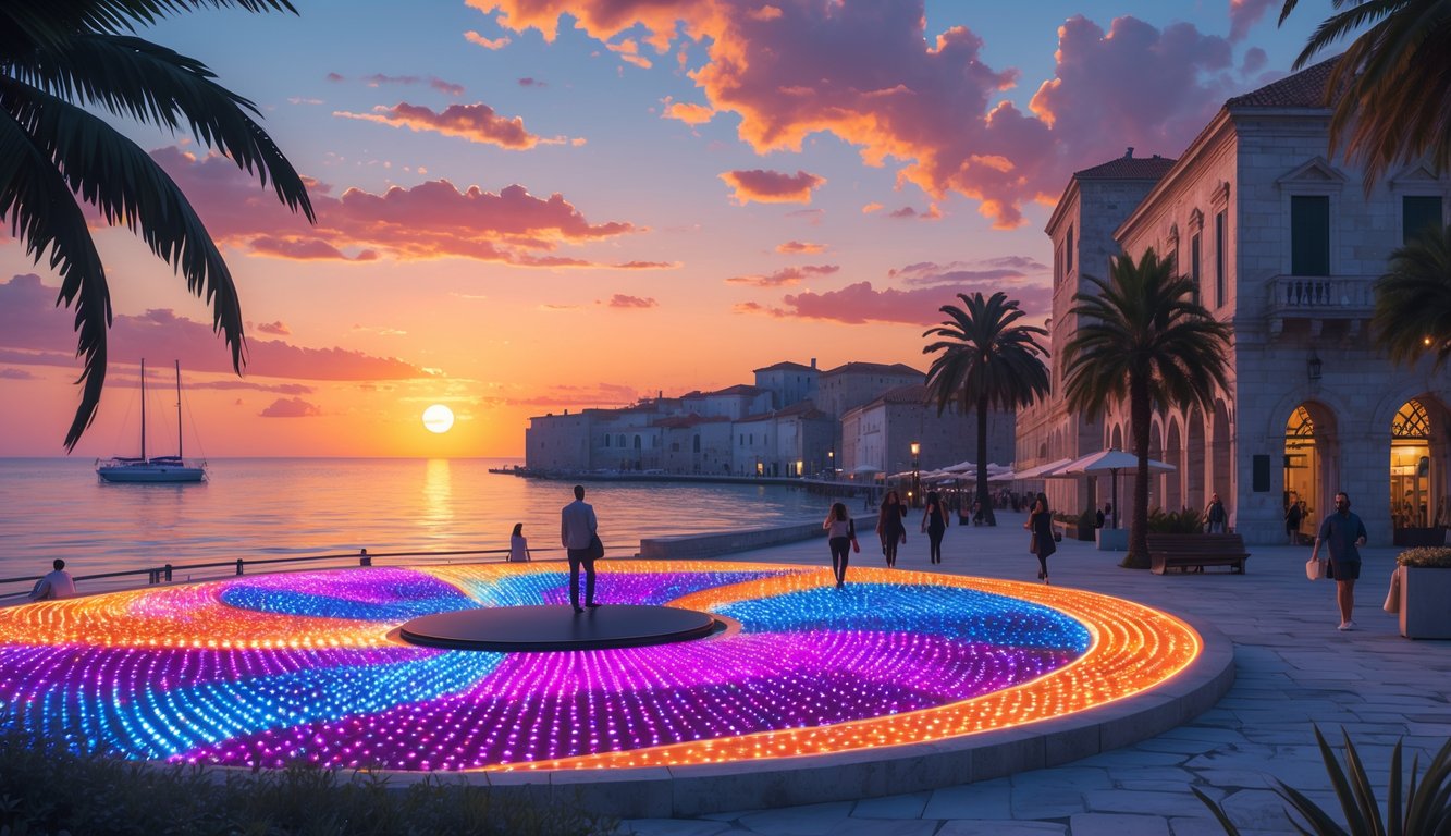 Sun Salutation light installation glowing with colorful lights on the waterfront at sunset with people nearby and calm sea in the background.