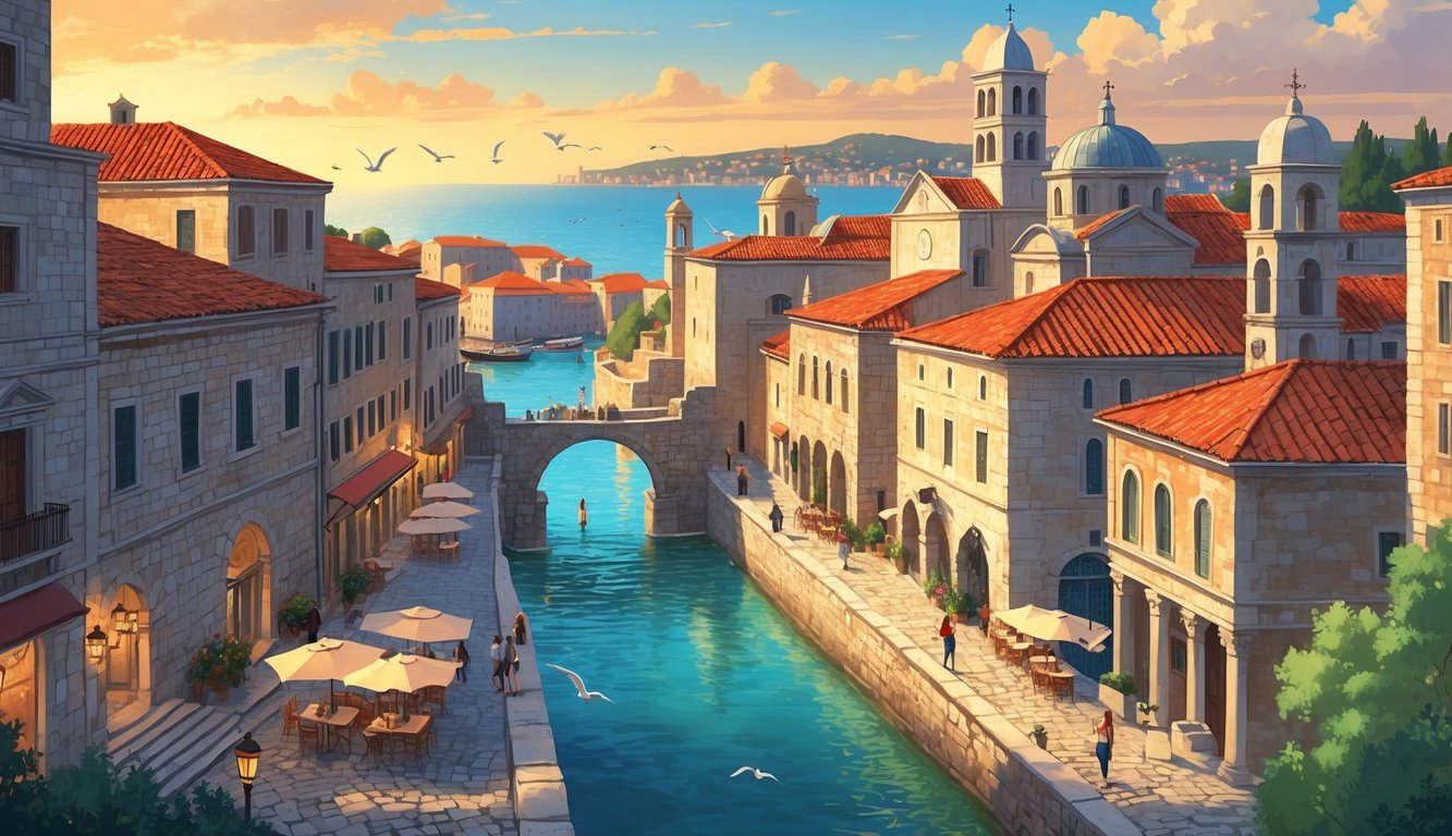 A view of Zadar's historic Old Town with stone buildings, cobblestone streets, people walking, and the sea in the background at sunset.