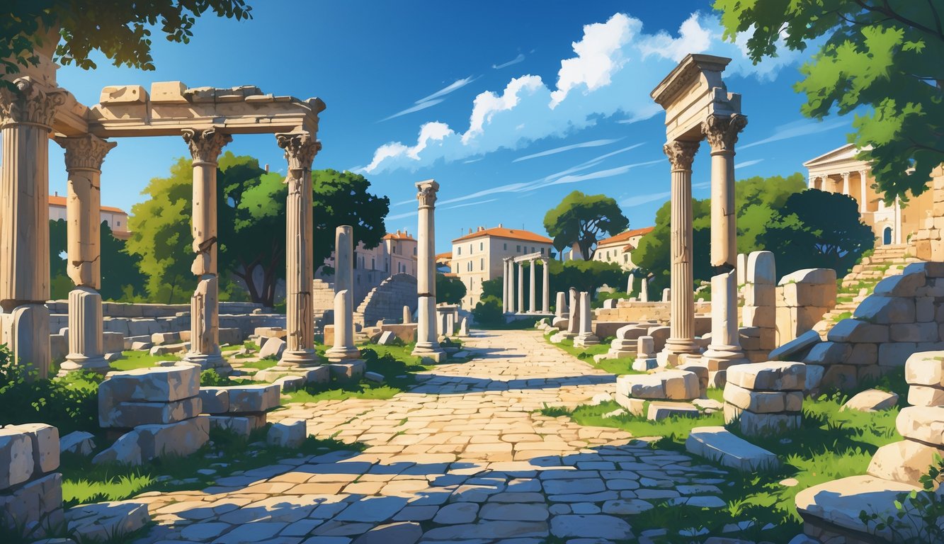 View of ancient Roman Forum ruins with stone pillars, arches, and cobblestone paths surrounded by greenery under a clear sky.