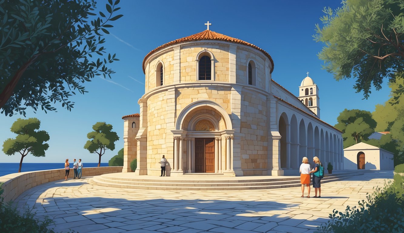 Exterior view of St. Donatus Church in Zadar with tourists and surrounding greenery under a clear sky.