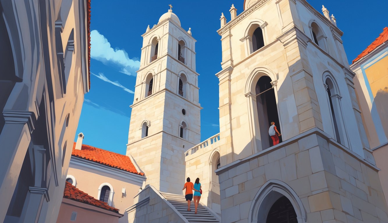 View of the Bell Tower of St. Anastasia Cathedral in Zadar with tourists climbing inside and surrounding rooftops under a clear sky.
