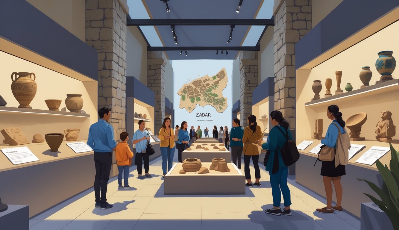 Visitors exploring an archaeological museum with display cases of ancient artifacts and a model of historical sites.