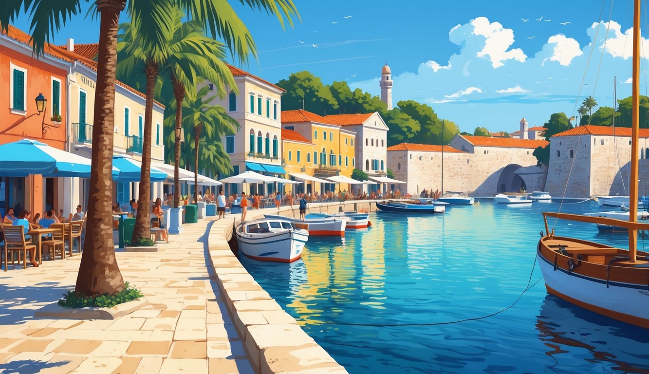 A sunny waterfront promenade in Zadar with people walking, palm trees, colorful buildings, boats on the water, and historic architecture in the background.