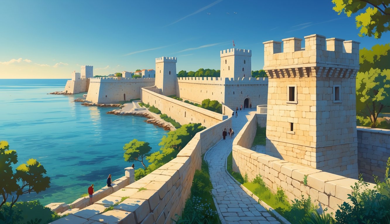 View of Zadar's ancient stone city walls and defense towers along the coastline with the sea in the background and a cobblestone path nearby.