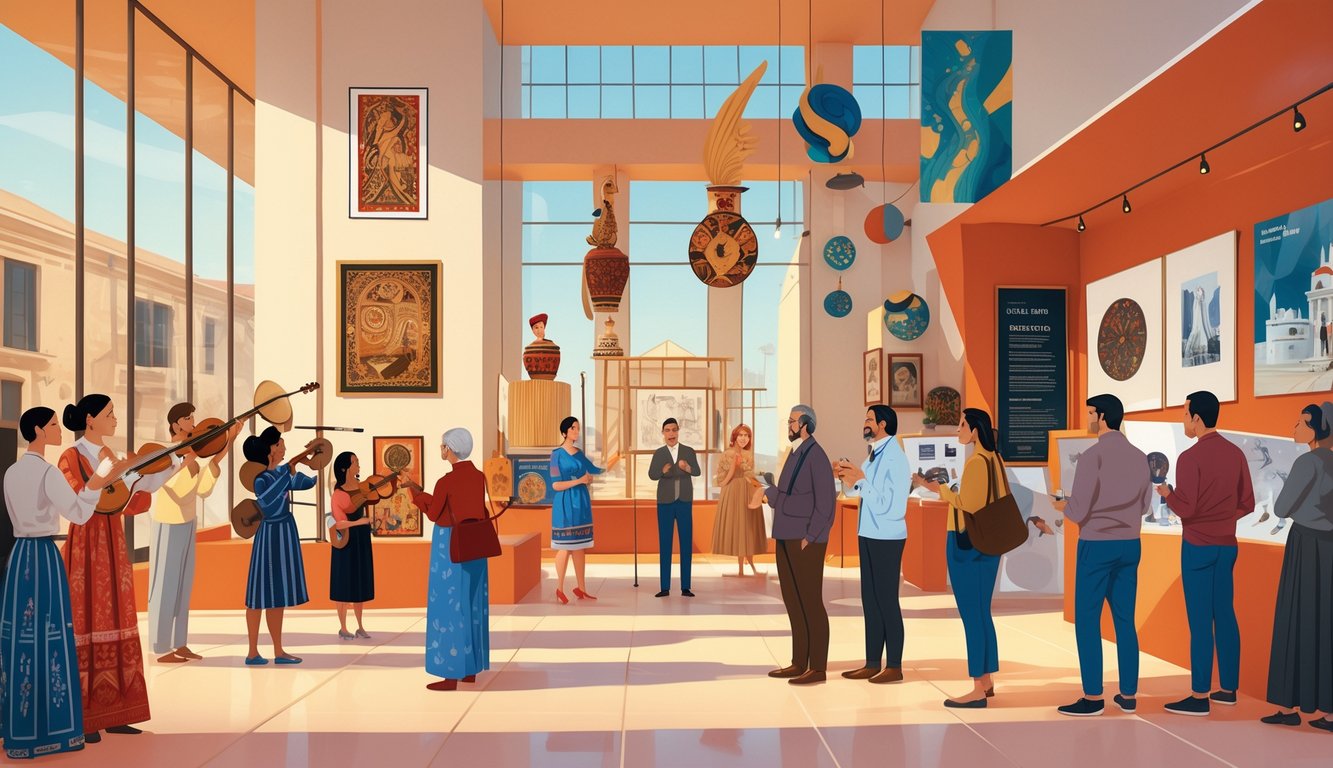 People enjoying a cultural event with art displays and live music inside a modern museum building.