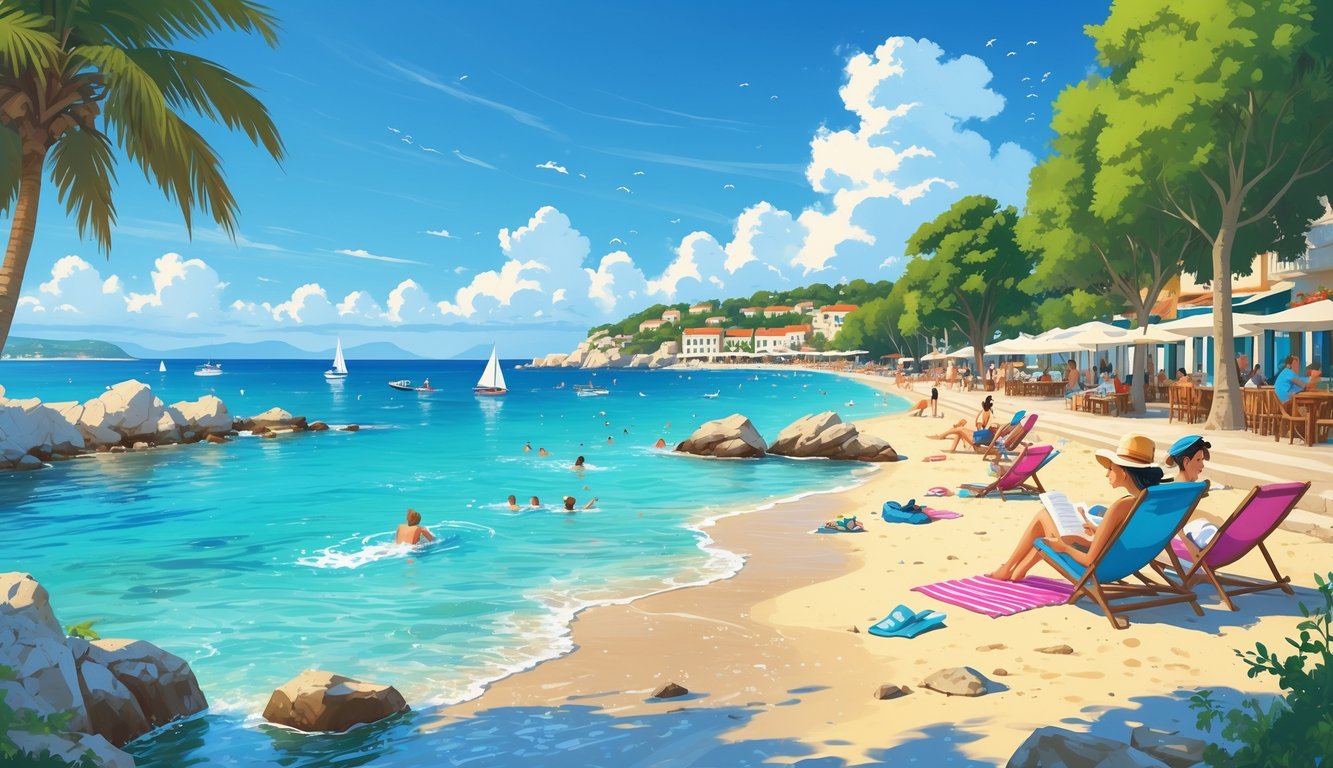 A sunny beach scene at Kolovare Beach with people relaxing on the sand, swimming in clear water, and a promenade with palm trees in the background.