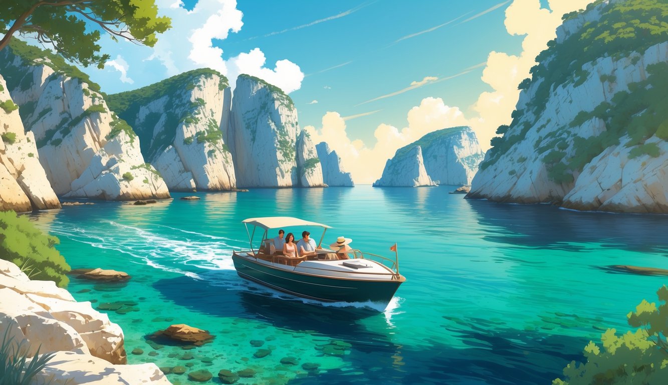 A boat sailing on clear turquoise water surrounded by rocky islands with green vegetation under a bright sky.