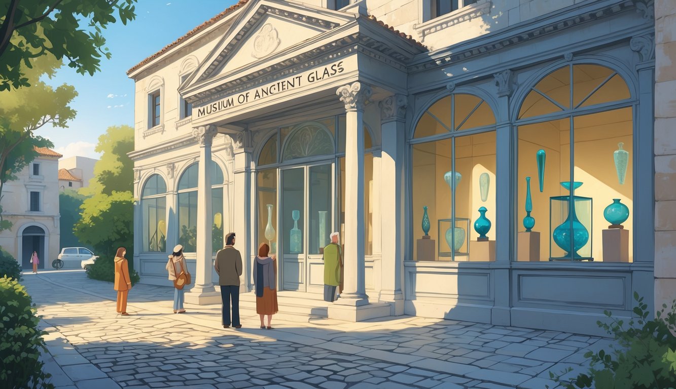 The exterior of the Museum of Ancient Glass in Zadar with visitors looking at glass artifacts inside through large windows, surrounded by cobblestone streets and greenery.