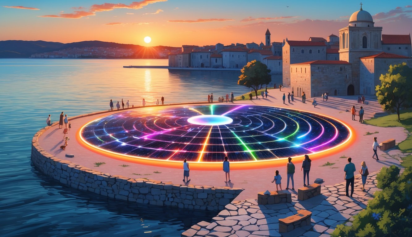 A coastal scene at sunset showing the circular solar panel installation glowing with colorful lights, people enjoying the area, and the historic city of Zadar in the background.