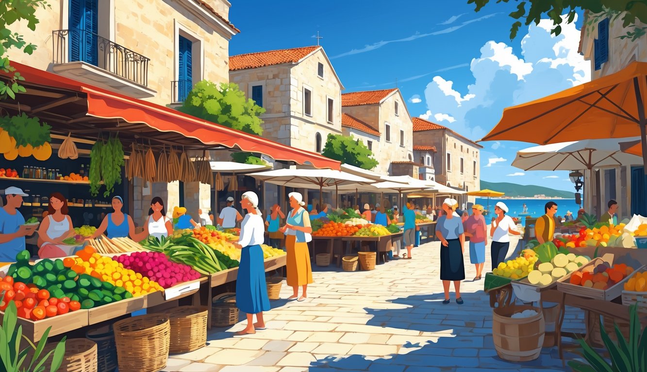 A busy outdoor market in Zadar with people shopping at colorful stalls surrounded by stone buildings and a view of the sea.