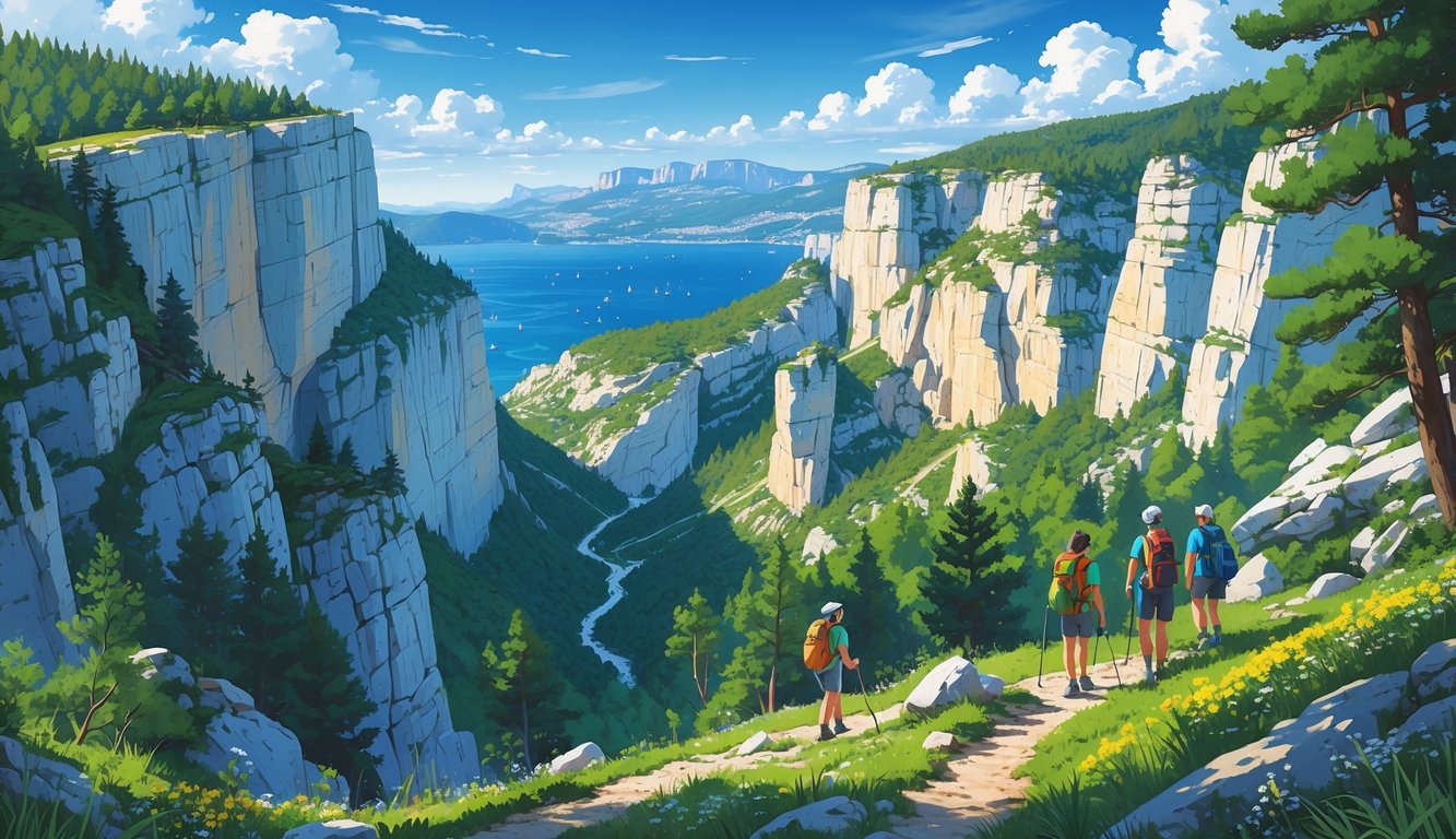 Panoramic view of rocky cliffs, pine forests, and distant mountains with hikers on a trail in National Park Paklenica.