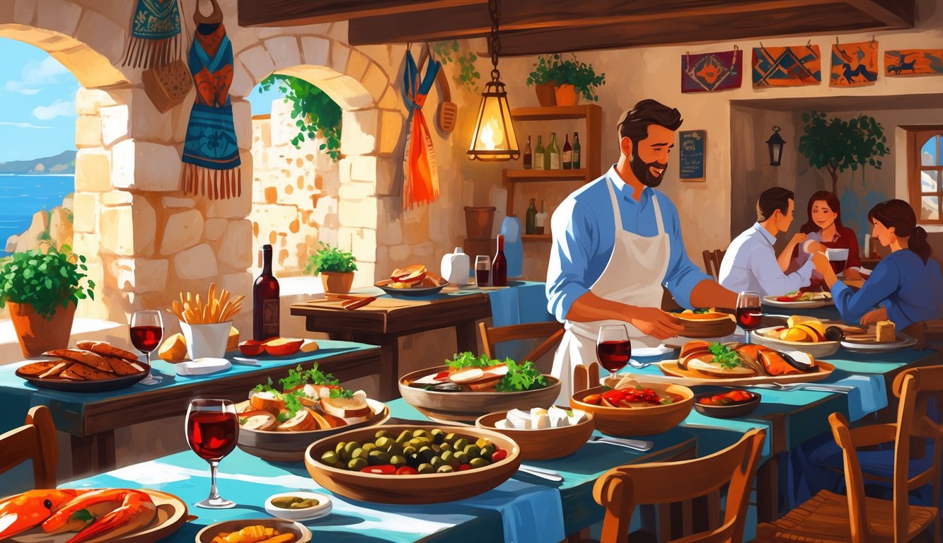 A cozy traditional Dalmatian tavern interior with wooden tables displaying local seafood, grilled meats, and wine, with people enjoying their meals.