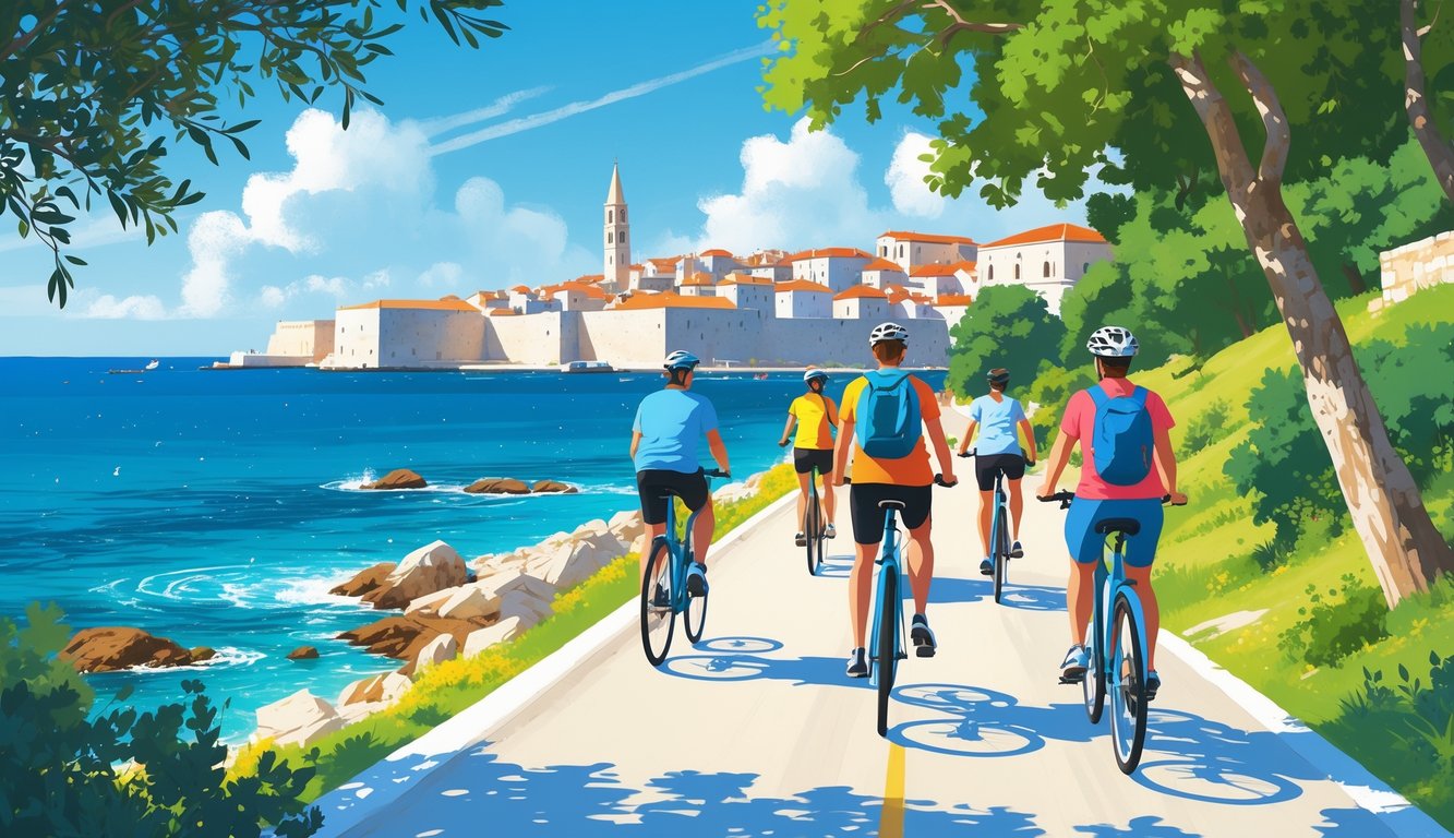 People riding bicycles along a coastal path next to the sea with the city of Zadar and its historic buildings in the background.