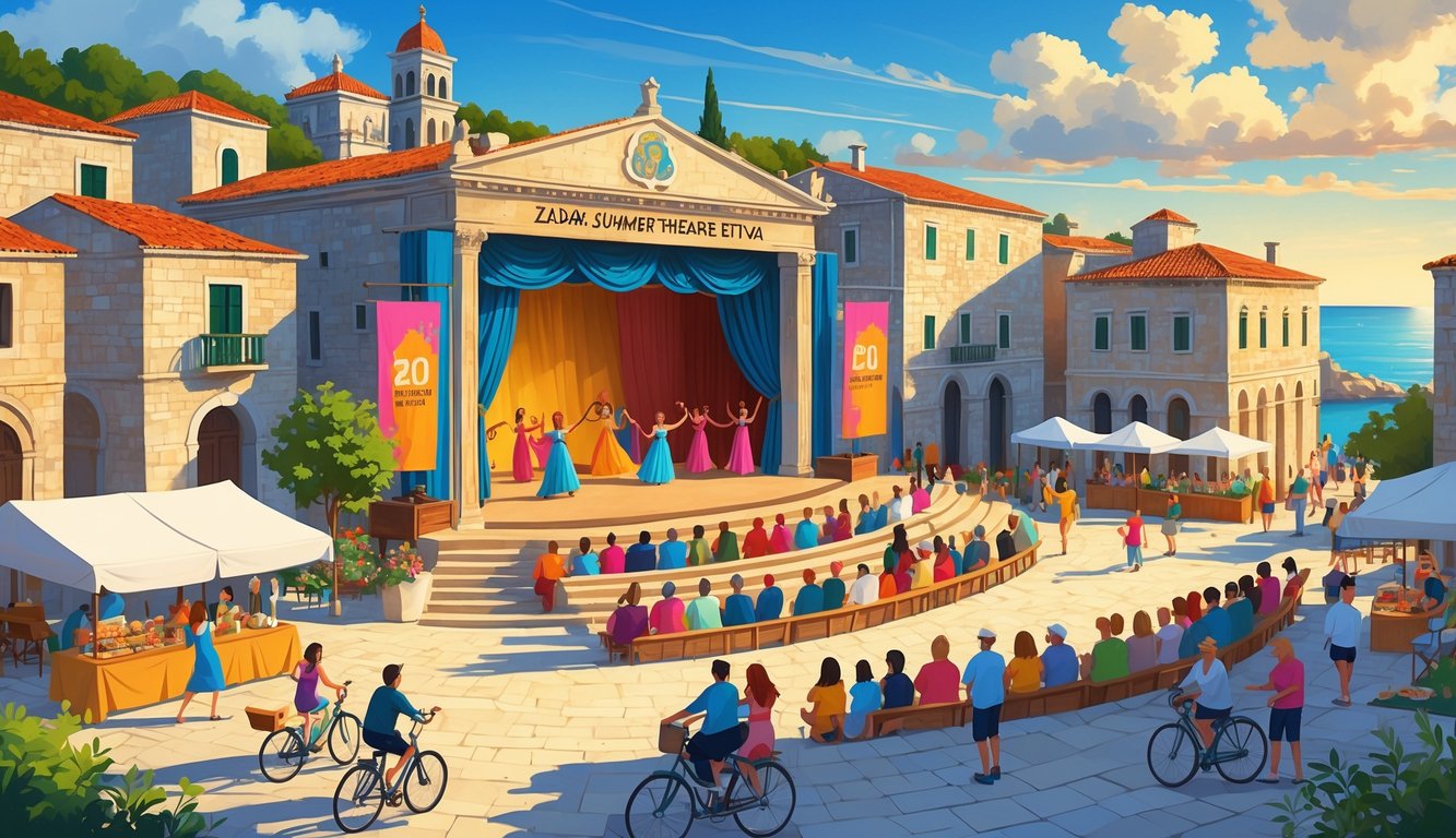 Open-air theatre festival in Zadar with performers on stage, audience watching, historic buildings, sea in the background, and people enjoying various activities nearby.