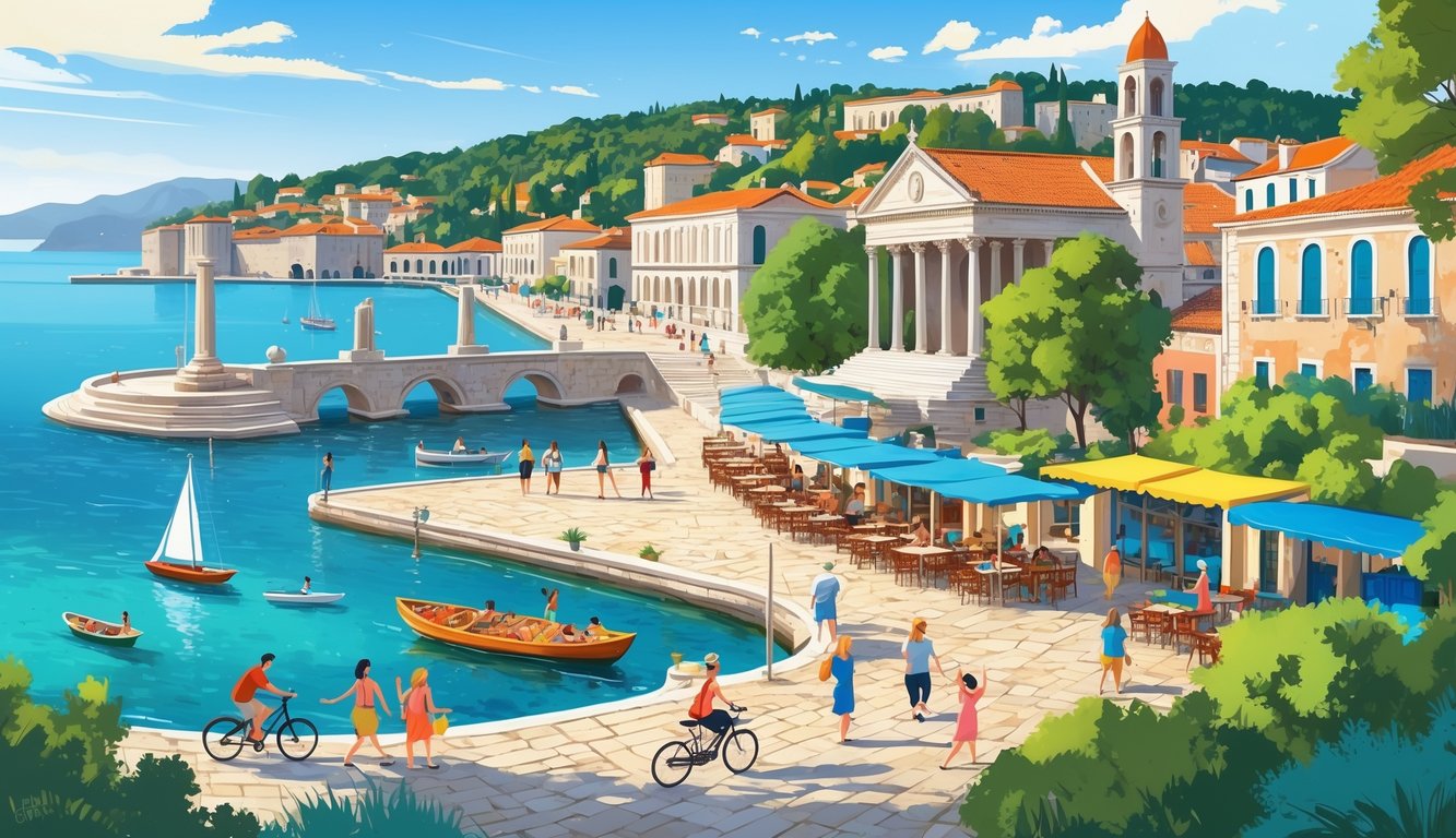 A scenic view of Zadar showing historic ruins, waterfront with unique installations, people cycling, dining outdoors, sailing, and walking through cobblestone streets near the sea at sunset.