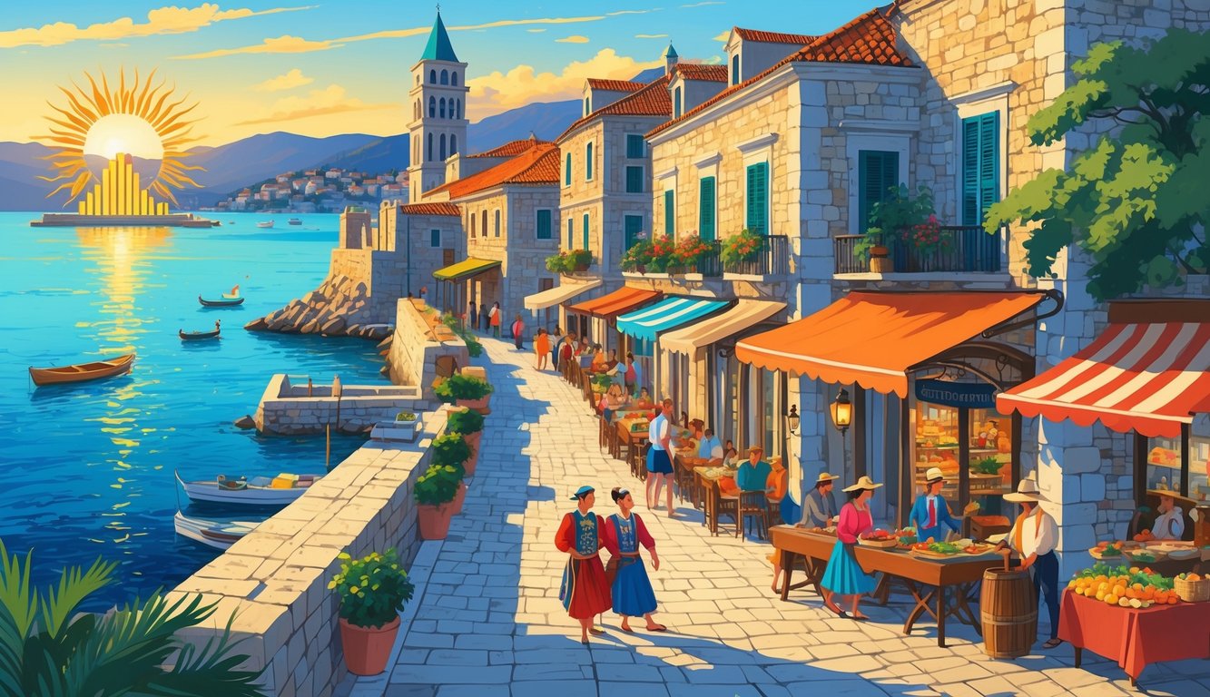 A lively scene showing landmarks, local people, and cultural activities along the waterfront and streets of Zadar, Croatia.