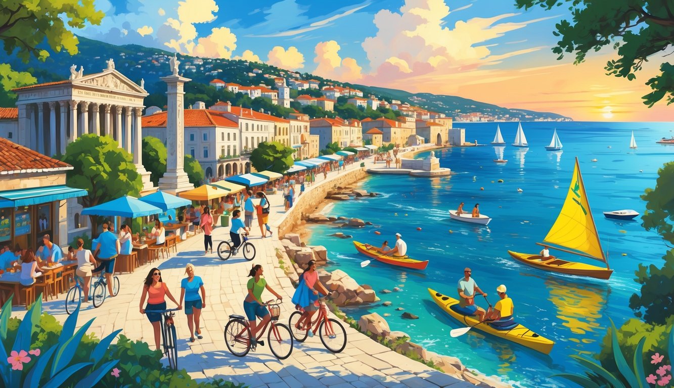 A coastal city scene showing people enjoying various outdoor activities and landmarks in Zadar, Croatia, including waterfront attractions, cycling, sailing, and cultural events.