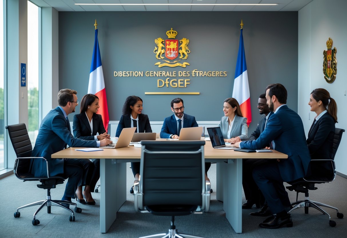 Un groupe de professionnels divers réunis autour d'une table de conférence dans un bureau moderne avec des drapeaux français en arrière-plan.