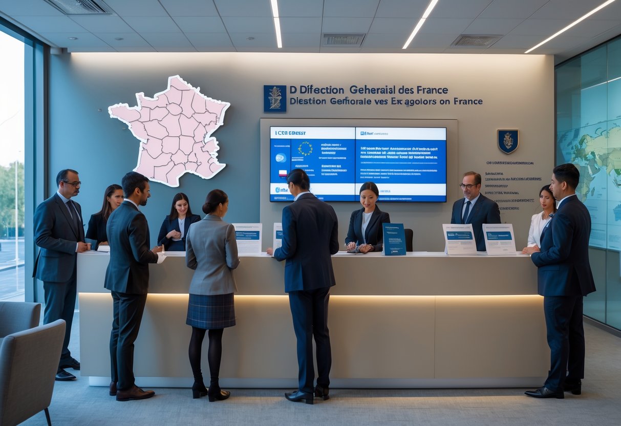 Un bureau gouvernemental moderne où des étrangers et des agents discutent autour d'un comptoir, avec une carte de la France en arrière-plan.