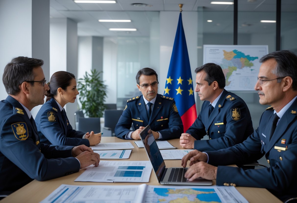 Des fonctionnaires français en réunion dans un bureau moderne, discutant de la lutte contre l’immigration irrégulière et le travail illégal.