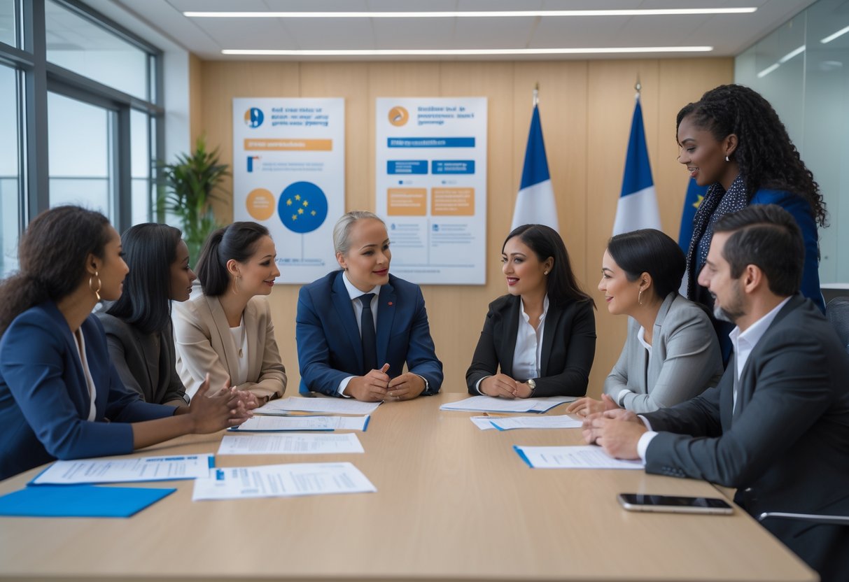 Un groupe diversifié de personnes dans un bureau moderne discute avec un fonctionnaire au sujet de l'intégration et de la nationalité française.