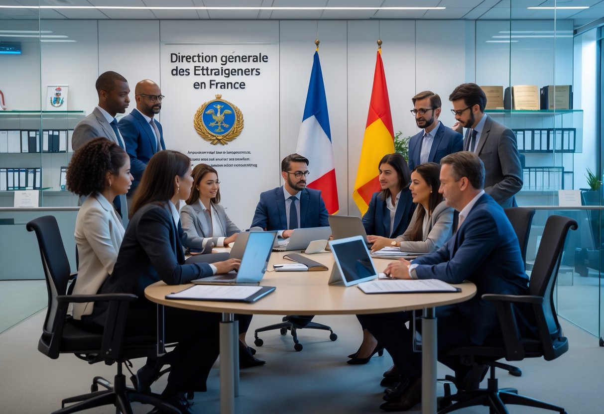 Des professionnels divers en réunion dans un bureau gouvernemental français, discutant autour d'une table avec des documents et des ordinateurs, dans un cadre officiel avec des drapeaux français en arrière-plan.