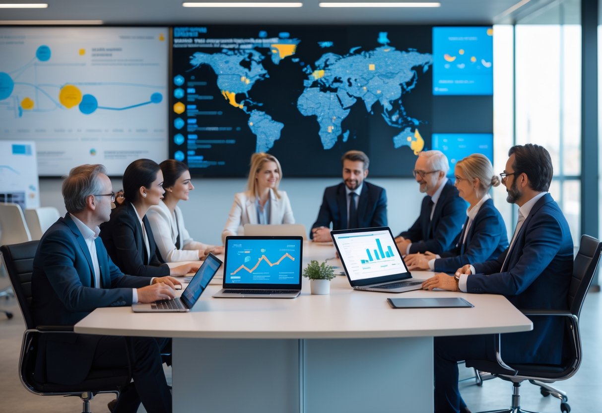 Des professionnels divers réunis autour d'une table de réunion dans un bureau moderne, travaillant sur des données numériques liées à la gestion des flux migratoires en France.