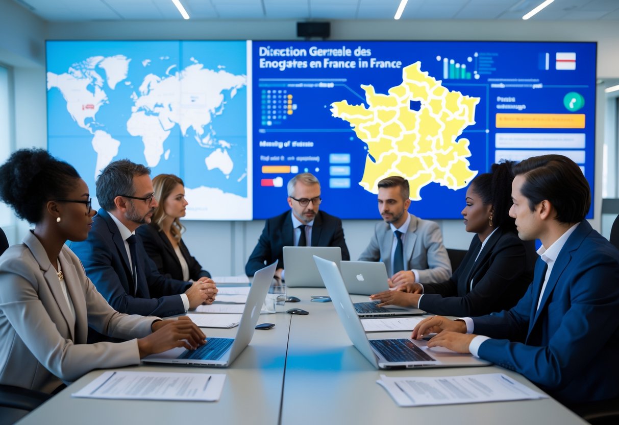 Un groupe de professionnels en réunion dans un bureau moderne, discutant de questions liées aux étrangers en France.