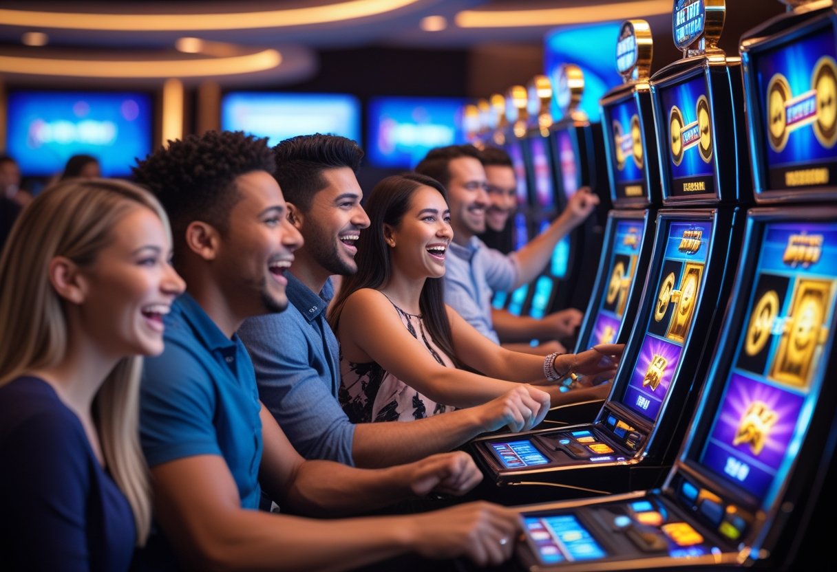 A group of people playing colorful movie-themed slot machines