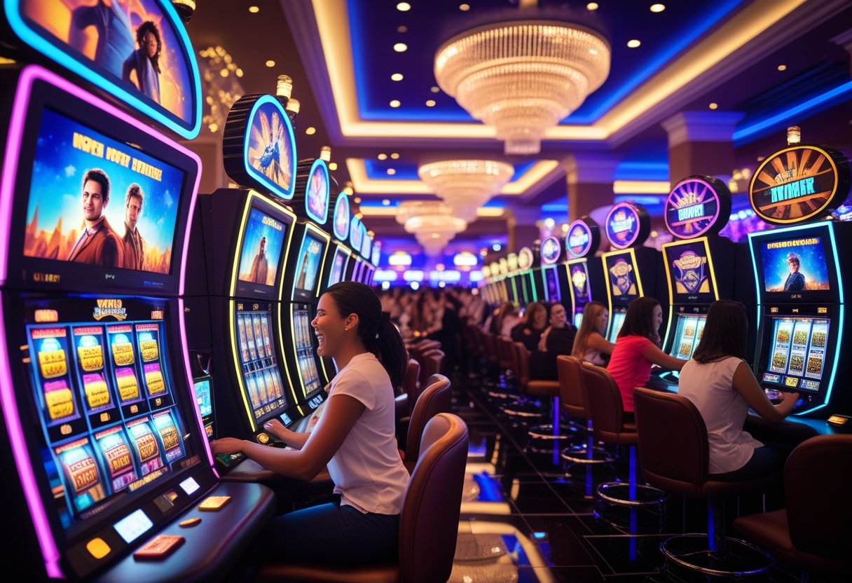 slot machines and gaming tables decorated with movie-themed designs