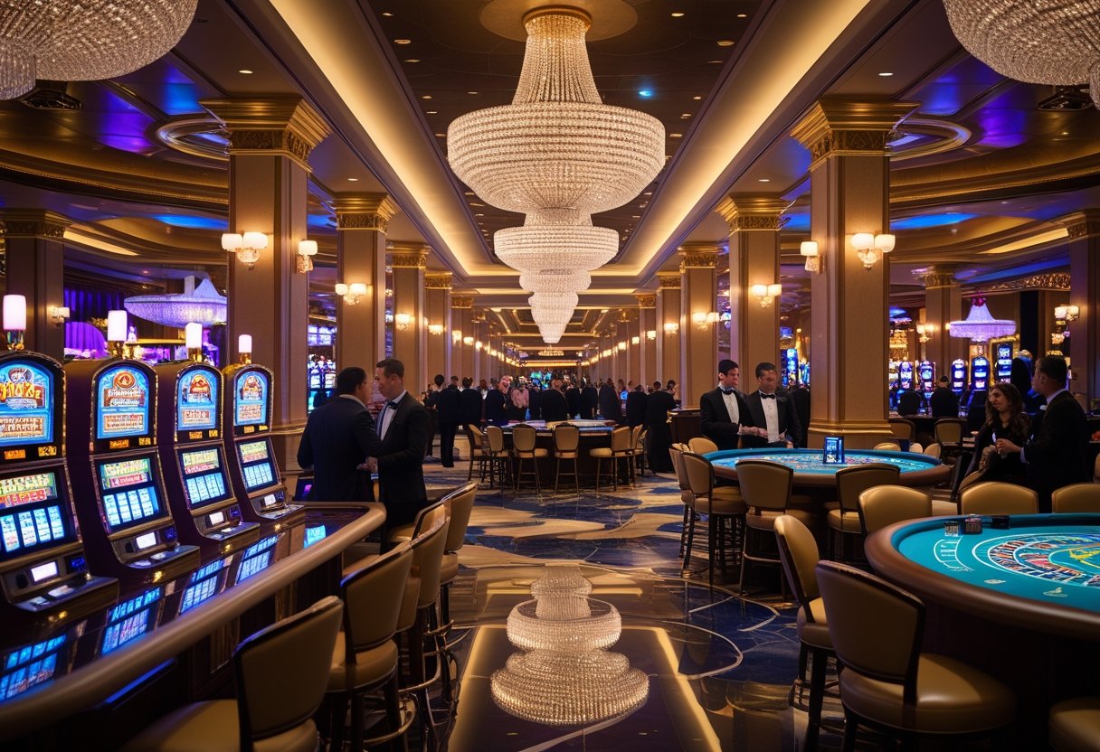 A lively casino interior with slot machines, blackjack and roulette tables, well-dressed players, dealers, chandeliers, and a bar area.