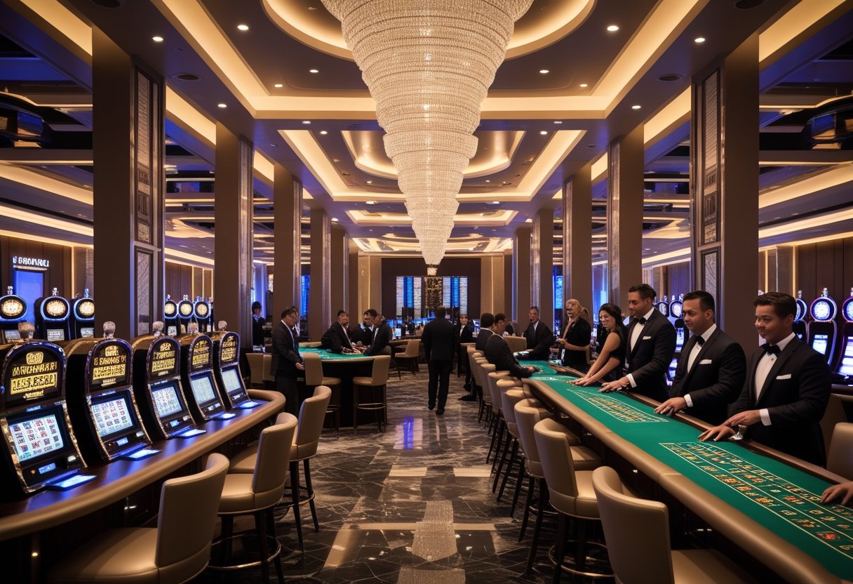 A luxurious casino interior with gaming tables, slot machines, and well-dressed people playing games under warm, elegant lighting.