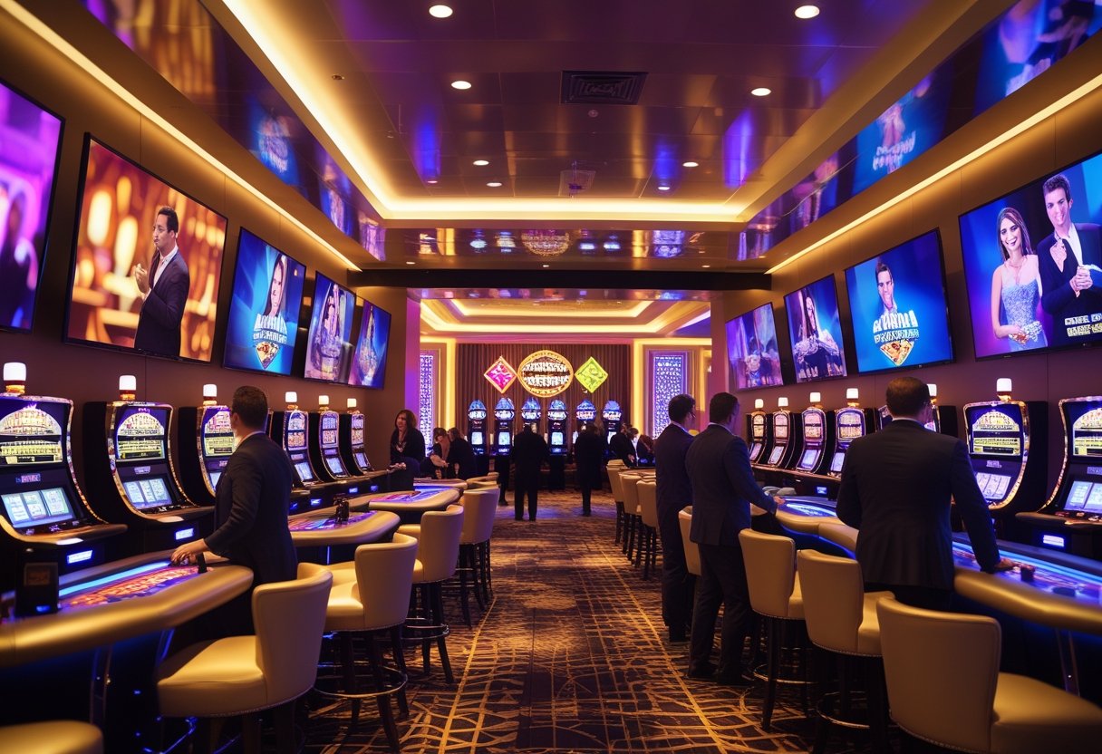 A modern casino floor with slot machines, card tables, large TVs showing TV show scenes, and people playing games.