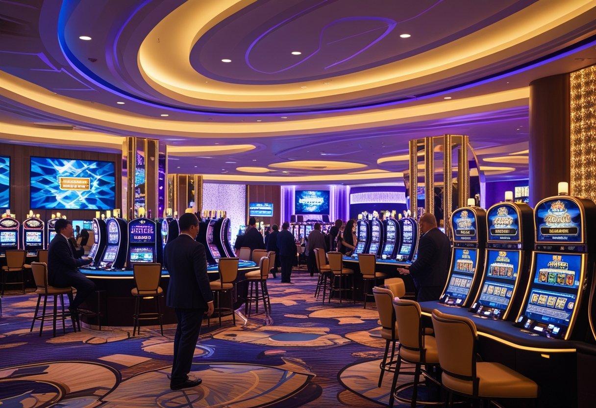 Interior of a modern casino with slot machines, gaming tables, themed lighting, and people playing games.