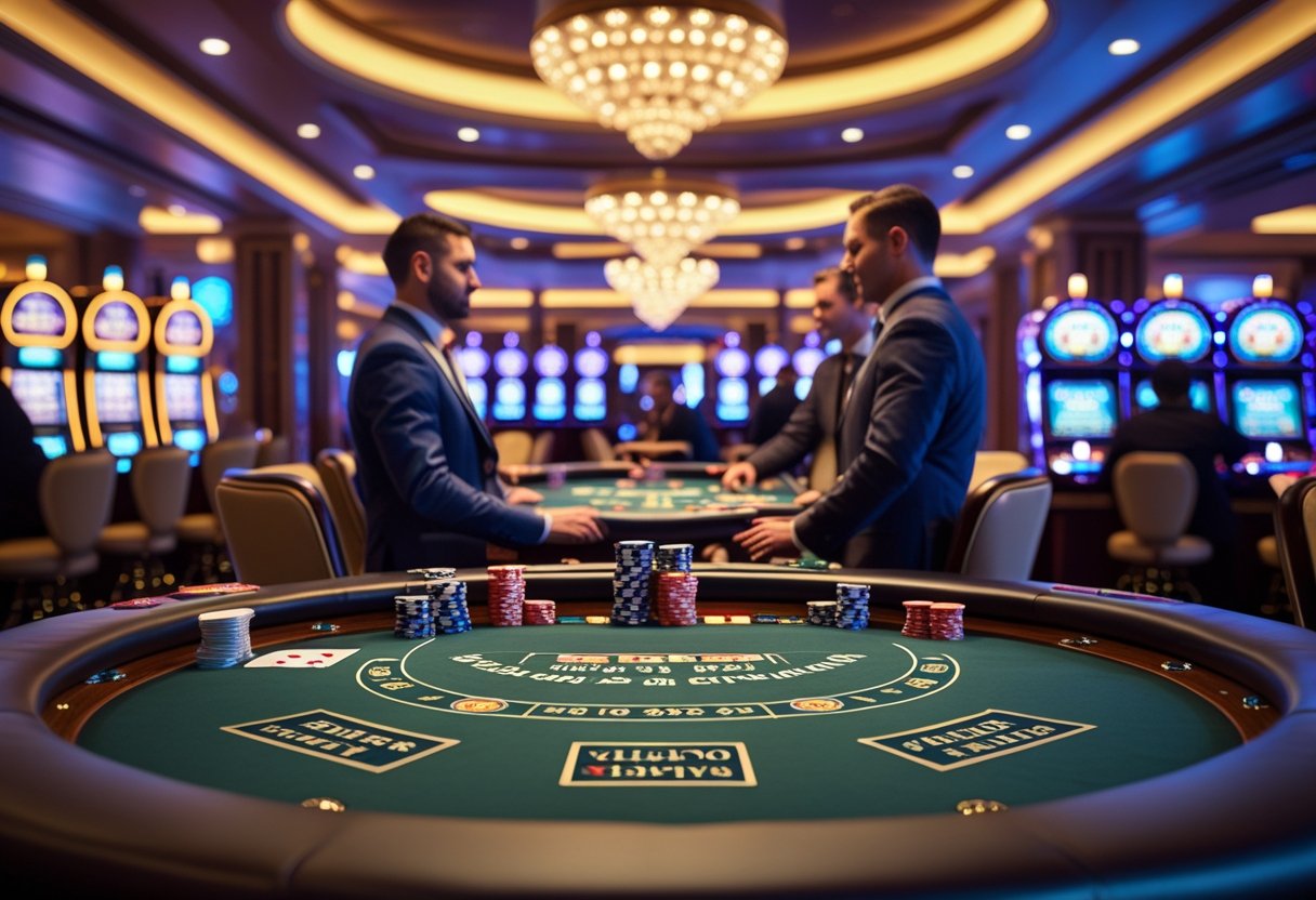 A casino poker table with chips and cards, surrounded by people playing and slot machines in the background.