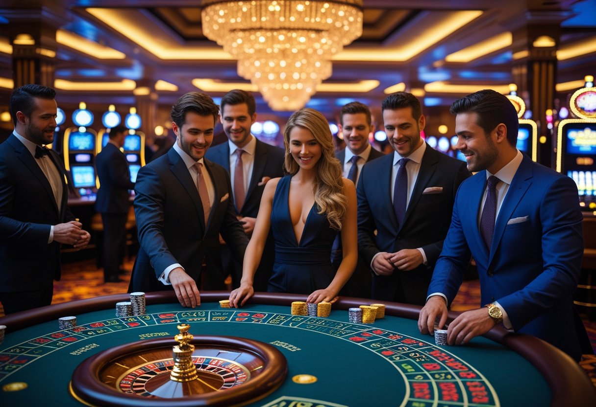 A lively casino interior with people playing card games and roulette at gaming tables, surrounded by slot machines and a bar area.