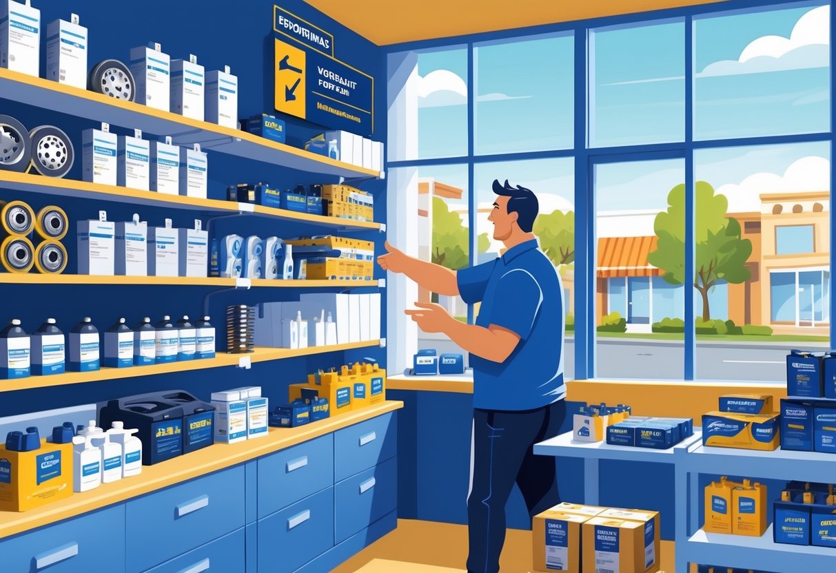 Inside an auto parts store with shelves of car parts and an employee helping a customer, viewed from a bright interior with a street visible outside.