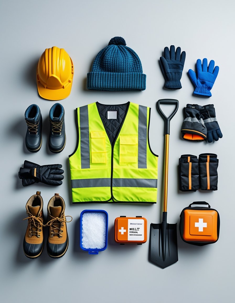 A collection of winter safety items including snow boots, gloves, hat, safety vest, snow shovel, ice melt salt, and a first aid kit arranged on a plain background.