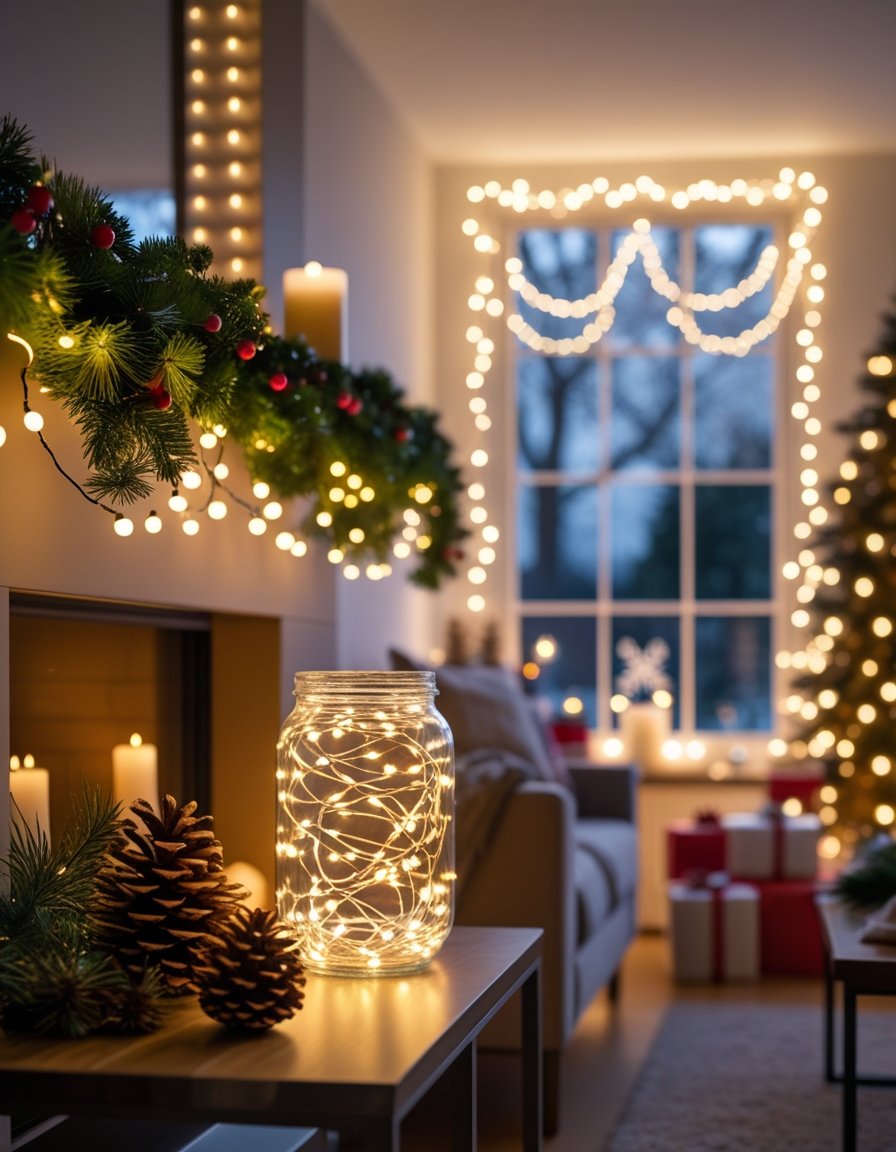 A living room decorated for Christmas with warm white fairy lights on a mantelpiece, glowing string lights in a jar, and icicle lights on a window, surrounded by holiday decorations.