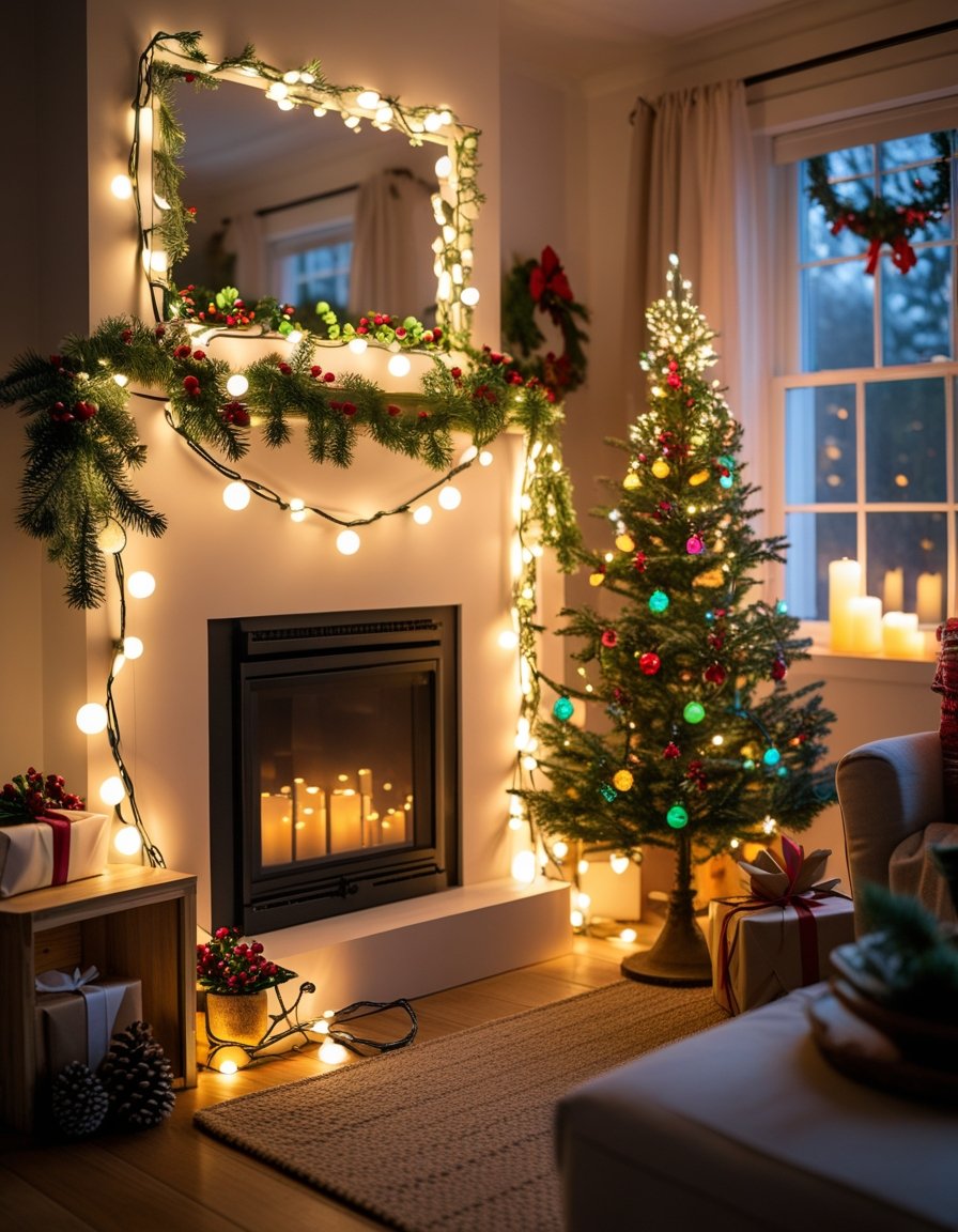 Cozy living room decorated for Christmas with string lights on a mantel, a small lit Christmas tree, and glowing LED candles on a window.
