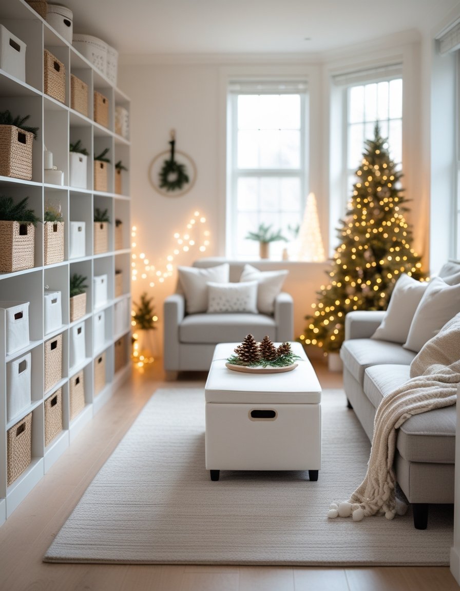 A tidy and well-organized living room with smart storage solutions and subtle Christmas decorations, including a decorated tree and cozy seating.