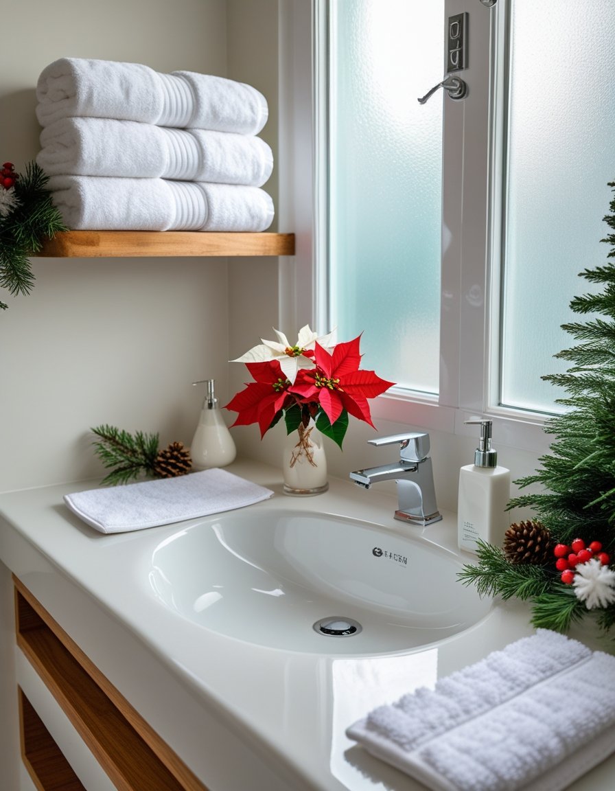 A clean and bright bathroom with fresh towels, holiday flowers, and subtle Christmas decorations arranged neatly around the sink.