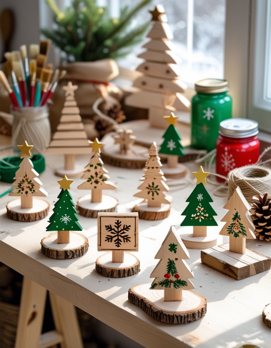 A table with various small wooden Christmas decorations and crafting tools arranged in a bright room.