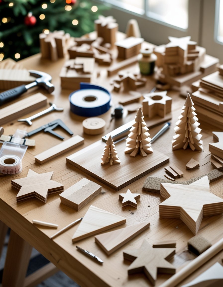 A workspace with tools, scrap wood pieces, and partially completed Christmas wooden crafts arranged on a wooden table.