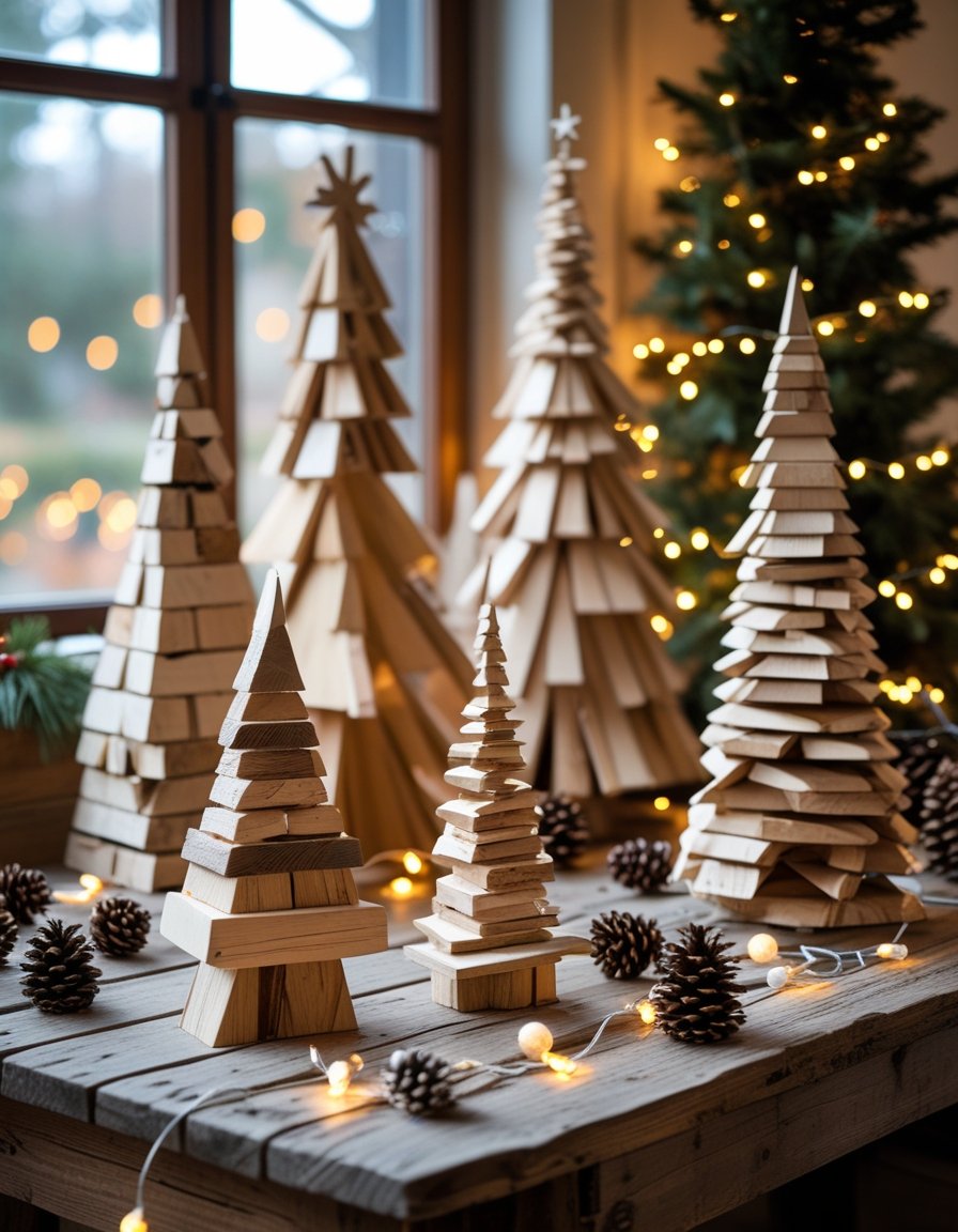 A cozy indoor scene with several handmade scrap-wood Christmas trees displayed on a wooden table surrounded by holiday decorations and soft glowing lights.