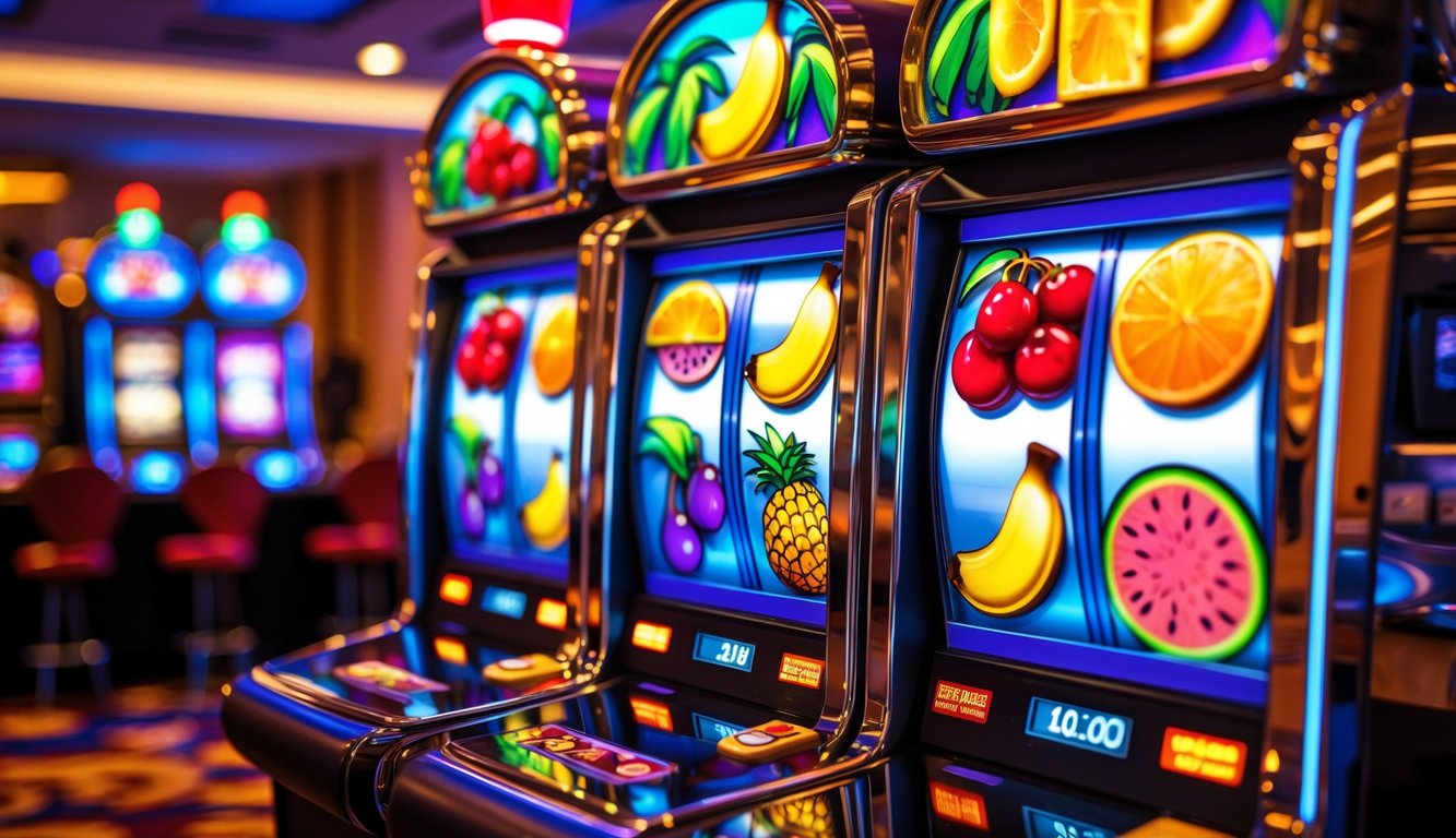 Mesin slot dengan simbol buah tropis berwarna cerah di latar kasino yang hidup.