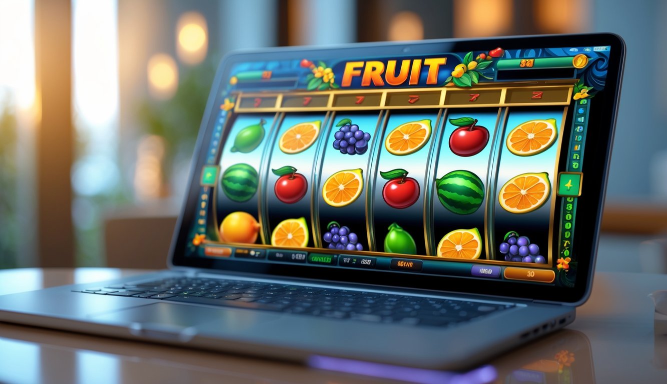 Layar perangkat menampilkan permainan mesin slot buah dengan ikon buah berwarna-warni yang berputar.